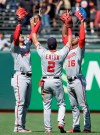 Washington Nationals' Juan Soto, left, celebrates with Adam Eaton and Victor Robles, right, after the Nationals defeated the San Francisco Giants 4-1 in a baseball game in San Francisco, Wednesday, Aug. 7, 2019. (AP Photo/Jeff Chiu)