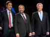 CP
Liberal leader Justin Trudeau, left, NDP leader Tom Mulcair and Conservative leader Stephen Harper, right pose for photos before the Globe and Mail hosted leaders debate Thursday, September 17, 2015  in Calgary.THE CANADIAN PRESS/Ryan Remiorz