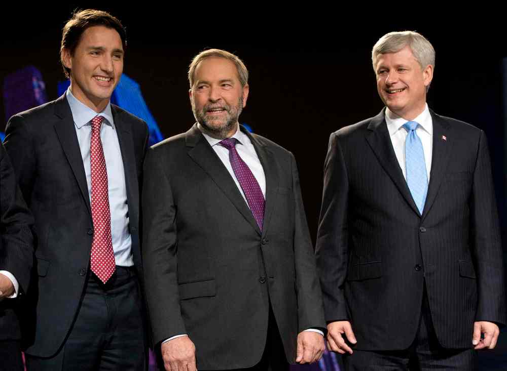 CP
Liberal leader Justin Trudeau, left, NDP leader Tom Mulcair and Conservative leader Stephen Harper.