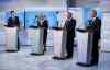 Frank Gunn / The Canadian Press
Liberal leader Justin Trudeau, left to right, Green Party leader Elizabeth May and New Democratic Party leader Thomas Mulcair Conservative Leader Stephen Harper exchange views during the first leaders debate Thursday, August 6, 2015 in Toronto.
