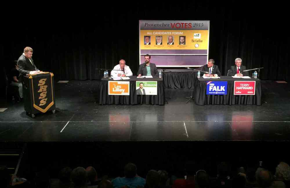 Tyler Walsh / Winnipeg Free Press
From left: NDP candidate Les Lilley, Jeff Wheeldon of the Green Party, Conservative candidate Ted Falk and Liberal candidate Terry Hayward, at the Provencher all-candidates forum Thursday evening.
