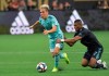 Atlanta United midfielder Ezequiel Barco (8) is fouled by FC Dallas midfielder Carlos Gruezo (7) during the second half of an MLS soccer match in Atlanta, Saturday, April 20, 2019. (Hyosub Shin/Atlanta Journal-Constitution via AP)