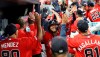 Atlanta Braves' Ronald Acuna Jr., center, reacts after hitting a two-RBI home run against the San Francisco Giants during the fifth inning of a baseball game on Friday, Sept. 20, 2019, in Atlanta. (Curtis Compton/Atlanta Journal-Constitution via AP)