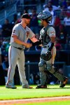 San Francisco Giants pitcher Will Smith, left, and catcher Aramis Garcia congratulate each other after a baseball game against the Atlanta Braves, Sunday, Sept. 22, 2019, in Atlanta. The Giants won 4-1. (AP Photo/John Amis)