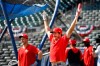 St. Louis Cardinals starting pitcher Miles Mikolas (39) reacts during a baseball team workout Wednesday, Oct. 2, 2019, at SunTrust Park in Atlanta. The Braves will host the St. Louis Cardinals in the first game of a National League Division Series on Thursday. (AP Photo/John Amis)