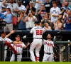 Atlanta Braves' Nick Markakis (22) is congratulated as he enters the dugout after hitting a home run to center field during the second inning of a baseball game against the Pittsburgh Pirates, Tuesday June 11, 2019, in Atlanta. (AP Photo/John Amis)
