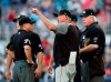 Pittsburgh Pirates manager Clint Hurdle, center, argues with the umpire crew after he was ejected following a bench-clearing scuffle in the first inning of a baseball game against the Atlanta Braves, Monday, June 10, 2019, in Atlanta. (AP Photo/John Bazemore)