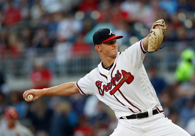 Atlanta Braves starting pitcher Mike Soroka (40) works against the St. Louis Cardinals in the first inning of a baseball game Wednesday, May 15, 2019, in Atlanta. (AP Photo/John Bazemore)
