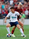Saint Louis FC forward Russell Cicerone (9) works against Atlanta United midfielder Brek Shea (20) during the first half of a U.S. Open Cup Quarterfinal soccer match Wednesday, July 10, 2019, in Kennesaw, Ga. (AP Photo/John Bazemore)