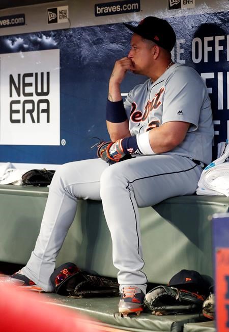Detroit Tigers first baseman Miguel Cabrera sits in the dugout before being replaced in the lineup during the seventh inning of a baseball game against the Atlanta Braves, Friday, May 31, 2019, in Atlanta. (AP Photo/John Bazemore)