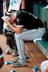Chicago White Sox starting pitcher Lucas Giolito sits on the bench after giving up a two-run home run to Atlanta Braves' Freddie Freeman in the sixth inning of a baseball game Sunday, Sept. 1, 2019, in Atlanta. (AP Photo/John Bazemore)