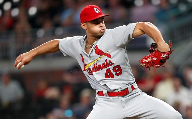 St. Louis Cardinals relief pitcher Jordan Hicks works in the eighth inning of the team's baseball game against the Atlanta Braves on Thursday, May 16, 2019, in Atlanta. The Braves won 10-2. (AP Photo/John Bazemore)