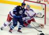 Boris Minkevich / Winnipeg Free Press
Jet Andrew Ladd tries to get it past Ranger goalie Martin Biron Monday at the MTS Centre.