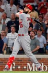 St. Louis Cardinals third baseman Matt Carpenter (13) watches his his RBI single in the eighth inning during Game 1 of a best-of-five National League Division Series agaimst the Atlanta Braves, Thursday, Oct. 3, 2019, in Atlanta. (AP Photo/John Bazemore)