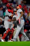 St. Louis Cardinals relief pitcher Carlos Martinez, right, celebrates with St. Louis Cardinals catcher Yadier Molina after Game 1 of a best-of-five National League Division Series agaimnst the Atlanta Braves, Thursday, Oct. 3, 2019, in Atlanta. The St. Louis Cardinals won 7-6. (AP Photo/John Amis)