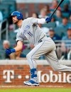 Kansas City Royals center fielder Bubba Starling (11) hits a ground rule double in the second inning of a baseball game against the Atlanta Braves on Wednesday, July 24, 2019, in Atlanta. (AP Photo/Mike Zarrilli)