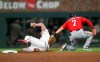 Washington Nationals shortstop Trea Turner, right, tags out Atlanta Braves Matt Joyce on a fielder's choice in the second inning of a baseball game Saturday, Sept. 7, 2019, in Atlanta. (AP Photo/Tami Chappell)