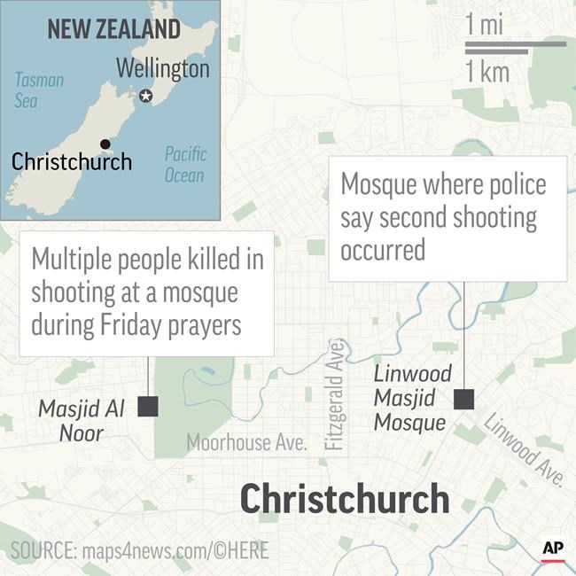 Map locates two mosques in Christchurch and Linwood, New Zealand, where mass shootings occurred; 2c x 3 1/2 inches; 96.3 mm x 88 mm;