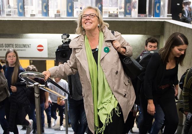 Green Party leader Elizabeth May arrives for a federal election campaign stop via the Metro in Longueuil, Que., Tuesday, October 8, 2019. THE CANADIAN PRESS/Graham Hughes