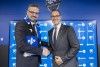 Montreal Impact owner Joey Saputo, right, shakes hands Kevin Gilmore following a news conference in Montreal, Tuesday, January 22, 2019, announcing Gilmore as the new President and CEO of the MLS soccer club. THE CANADIAN PRESS/Graham Hughes