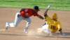 Michael Norris / Amarillo Globe News
Winnipeg shortstop Price Kendall (14) tags a stealing Amarillo base runner Adam Buschini (16) during the Winnipeg Goldeyes and the Amarillo Sox game Saturday at Amarillo National Bank Sox Stadium.