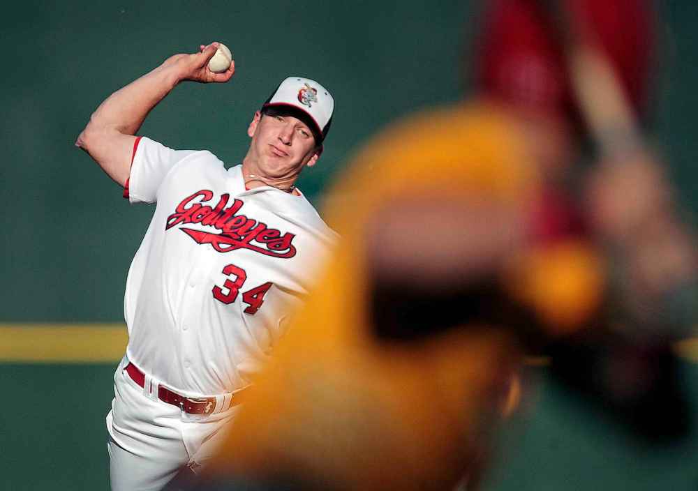 PHOTOS BY PHIL HOSSACK / WINNIPEG FREE PRESS
Winnipeg Goldeyes pitcher Parker French hurls a fastball in the top of the first inning at Chicago Dogs' Kelly Dugan Wednesday evening at Shaw Park.