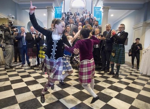 Highland dancers perform at a ceremony at the legislature in Halifax on Friday, April 5, 2019. The government introduced the House of Assembly Tartan Act, which will designate the official tartan for Nova Scotia's House of Assembly. The tartan, designed by Veronica MacIsaac, commemorates the 200th anniversary of Province House. THE CANADIAN PRESS/Andrew Vaughan