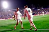 Real forward Karim Benzema, right, celebrates after scoring his side's opening goal during a Spanish La Liga soccer match at the Ciutat de Valencia stadium in Valencia, Spain, Sunday, Feb. 24, 2019.(AP Photo/Alberto Saiz)