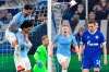 Manchester City midfielder Leroy Sane, second left, celebrates after scoring his side's second goal during the first leg, round of sixteen, Champions League soccer match between Schalke 04 and Manchester City at Veltins Arena in Gelsenkirchen, Germany, Wednesday Feb. 20, 2019. (AP Photo/Martin Meissner)