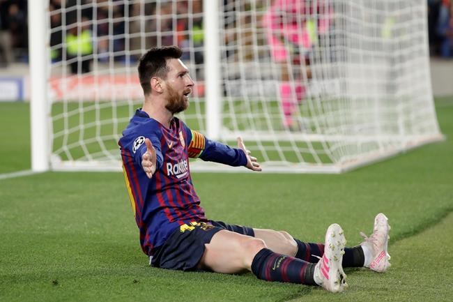 Barcelona's Lionel Messi celebrates after scoring his side's third goal during the Champions League semifinal, first leg, soccer match between FC Barcelona and Liverpool at the Camp Nou stadium in Barcelona, Spain, Wednesday, May 1, 2019. (AP Photo/Emilio Morenatti)