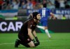 Arsenal goalkeeper Petr Cech gestures after Chelsea's Pedro Rodriguez, right, scores his side's second goal during the Europa League Final soccer match between Arsenal and Chelsea at the Olympic stadium in Baku, Azerbaijan, Wednesday, May 29, 2019. (AP Photo/Luca Bruno)