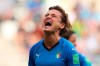 Italy's Cristiana Girelli celebrates after scoring her side's opening goal from penalty spot during the Women's World Cup Group C soccer match between Italy and Jamaica at the Stade Auguste-Delaune in Reims, France, Friday, June 14, 2019. (AP Photo/Francisco Seco)