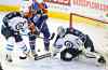 JASON FRANSON / The Canadian Press 
Winnipeg Jets goalie Ondrej Pavelec (31) makes the save on Edmonton Oilers' Zack Kassian (44) as Mark Stuart (5) defends during third period NHL action in Edmonton, Alta., on Saturday.