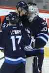 THE CANADIAN PRESS/John Woods
Winnipeg Jets' Tyler Myers (57) and Adam Lowry (17) celebrate a win over the Toronto Maple Leafs with goaltender Connor Hellebuyck (30) after Wednesday's game.