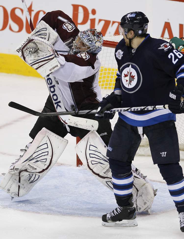 John Woods / The Winnipeg Free Press
Winnipeg Jets' Blake Wheeler (26) looks for the rebound after Colorado Avalanche's goaltender Semyon Varlamov (1) makes the save in the third period.