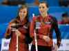 ANDREW VAUGHAN / THE CANADIAN PRESS
Canada skip Rachel Homan, left, and third Emma Miskew share a light moment on the way to defeating Switzerland 8-3 in the 1 vs. 2 Page playoff at the Ford World Women's Curling Championships in Saint John, N.B.