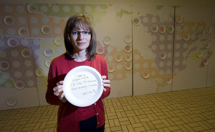 Adrien Veczan / The Canadian Press archives
Katharine Schmidt, posing with a food bank art project in 2010, had hoped food bank use in Canada was levelling off, but it rose during the past year.