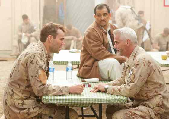 Ken Woroner/Elevation PicturesStill from Hyena Road, starring (L-R) Rossif Sutherland, Nabil Elouahabi, Paul Gross, currently filming in Manitoba at CFB Shilo.