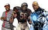 Former Uof M football player and Chicago Bears defensive end Israel Idonije with characters from his graphic novels, The Protectors