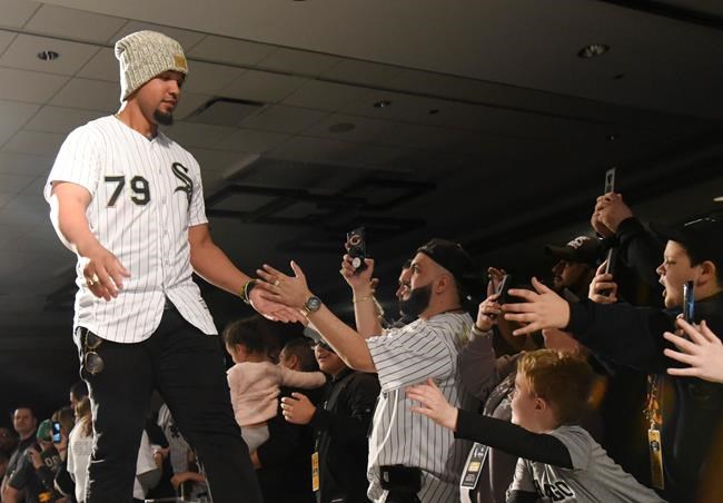 Chicago White Sox's Jose Abree greets fans during the baseball team's convention Friday, Jan. 25, 2019, in Chicago. (AP Photo/David Banks)