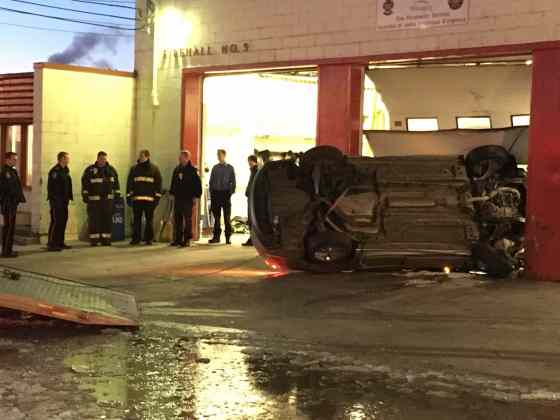 A car crashed into a Winnipeg fire hall early Friday morning.