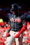 Atlanta Braves' Ronald Acuna Jr. reacts after hitting a single during the third inning in Game 4 of a baseball National League Division Series against the St. Louis Cardinals, Monday, Oct. 7, 2019, in St. Louis. (AP Photo/Jeff Roberson)