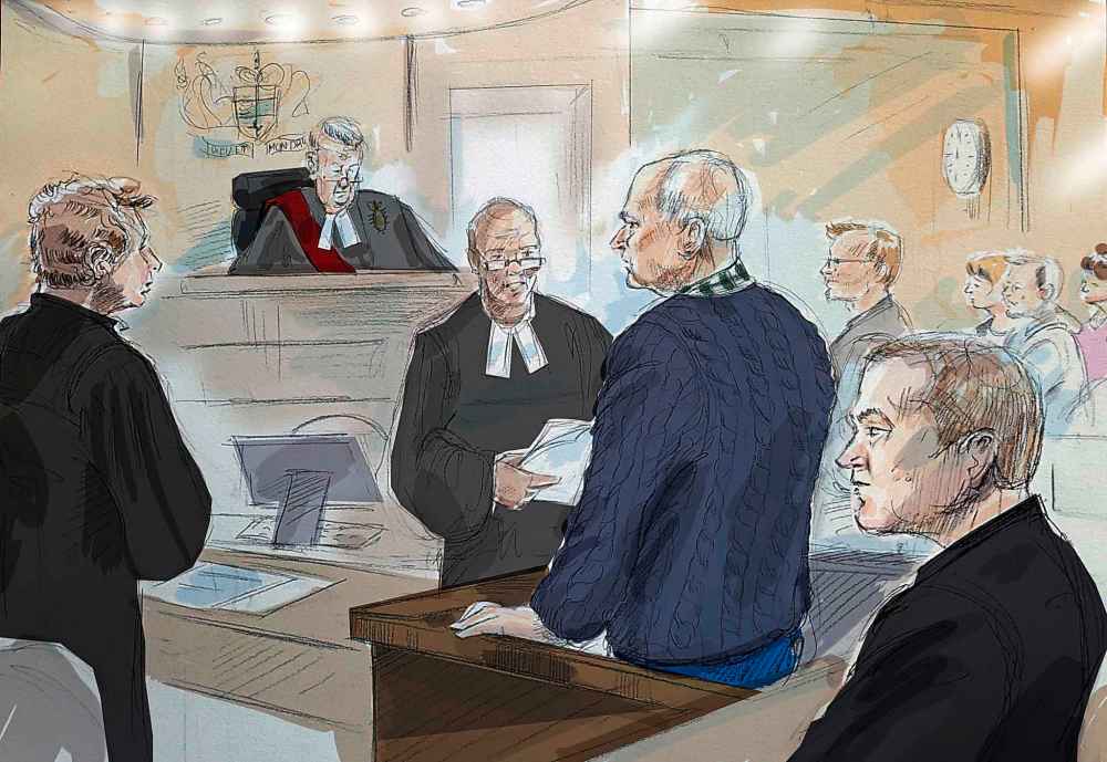 CP
ALEXANDRA NEWBOULD / THE CANADIAN PRESS
Defence lawyer James Miglin (from left), Justice John McMahon, court registrar, Bruce McArthur, Crown Attorney Michael Cantlon, Detective Hank Idsinga, and friends and family of victims, back right, are shown in this court sketch in Toronto.