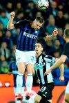 Udinese's Kevin Lasagna, right, and Inter's Milan Skriniar in action during the Italian Serie A soccer match Udinese Calcio vs FC Inter at the Friuli-Dacia Arena stadium in Udine, Italy, on Saturday, May 4, 2019. (Stefano Lancia/ANSA via AP)