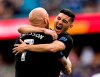 San Jose Earthquakes midfielder Magnus Eriksson, left, and forward Cristian Espinoza (10) celebrate after a goal against the Portland Timbers in the first half of an MLS soccer match on Saturday, April 6, 2019 in San Jose, Calif. (AP Photo/John Hefti)