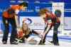 CP
Canada's skip Jennifer Jones, center, watches after releasing the rock as the team plays Russia during the fourth end of semi-final of the women's World Curling Championships on Saturday in Sapporo, northern Japan. Canada won 7-4, putting the team in the final on Sunday against Switzerland.