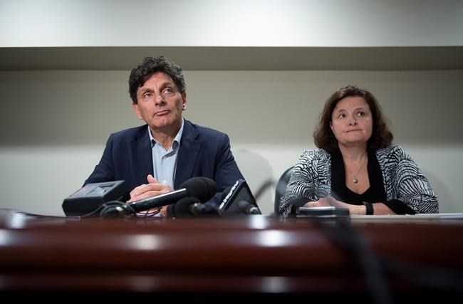 Lawyers Lawrence Greenspon and Tina Hill speak during a press conference on the civil litigation by Mark Grant against various Manitoba crown attorneys and police, in Ottawa, on Thursday, Oct. 17, 2019. Grant was wrongfully convicted in the 1984 death of Candace Derksen and spent over 10 years in incarceration. THE CANADIAN PRESS/Justin Tang