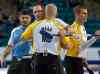 CP
Manitoba's Jon Mead is congratulated by Quebec's Eric Sylvain along with Philippe Menard, left, and Manitoba skip Jeff Stoughton, right, at the Tim Hortons Brier in Kamloops, B.C. on Sunday. Manitoba won 9-5 and receives the bronze medal.