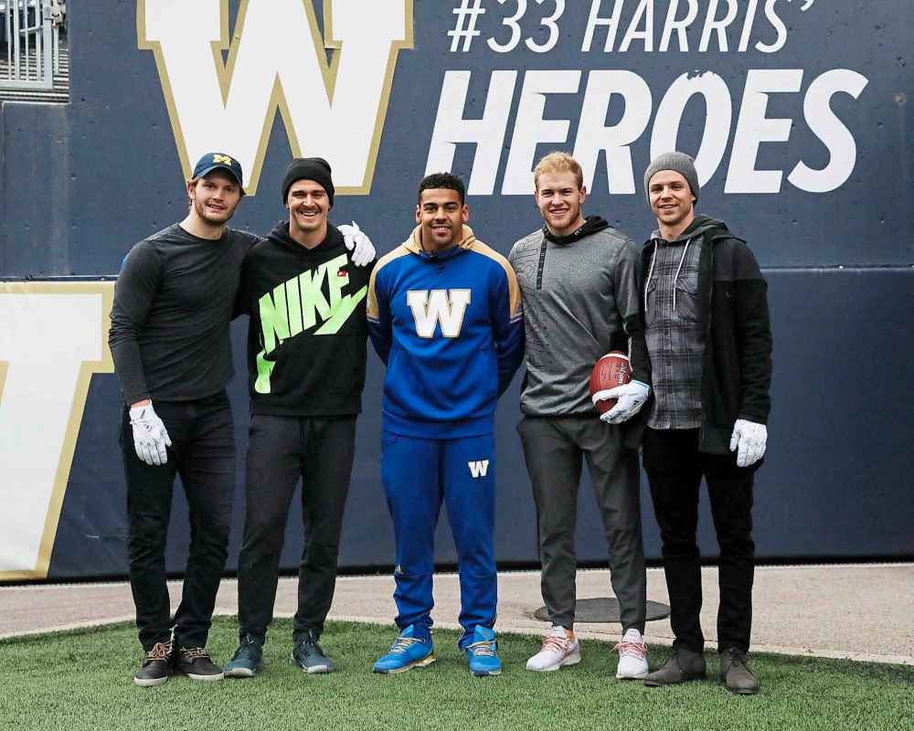 TWITTER
Winnipeg Jets players spent their day off Monday at Investors Group Field with Bombers running back Andrew Harris. From left Jacob Trouba, Mark Scheifele, Harris, Andrew Copp and Josh Morrissey.