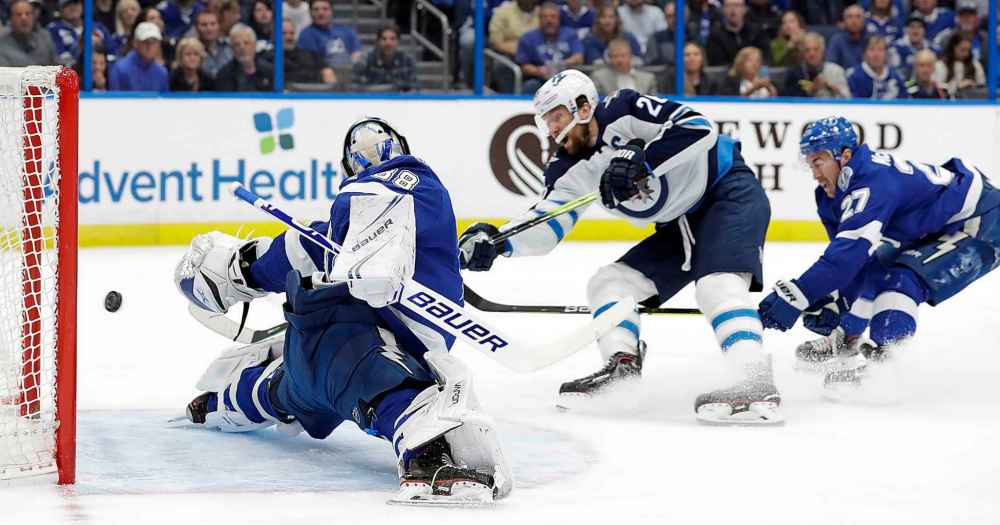 (AP Photo/Chris O'Meara)
Tampa Bay Lightning goaltender Andrei Vasilevskiy can't reach the puck on a goal by Winnipeg Jets right wing Blake Wheeler after Wheeler got past defenseman Ryan McDonagh during the first period Tuesday, in Tampa.